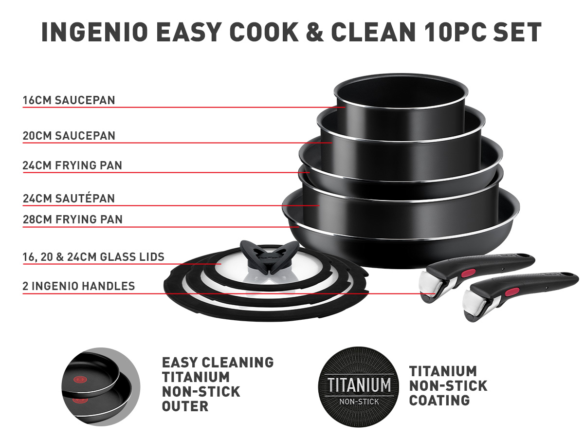 Cook Ingenio Shop 10-Piece Easy Set UK | - Black & Clean Pan L1549042 Tefal