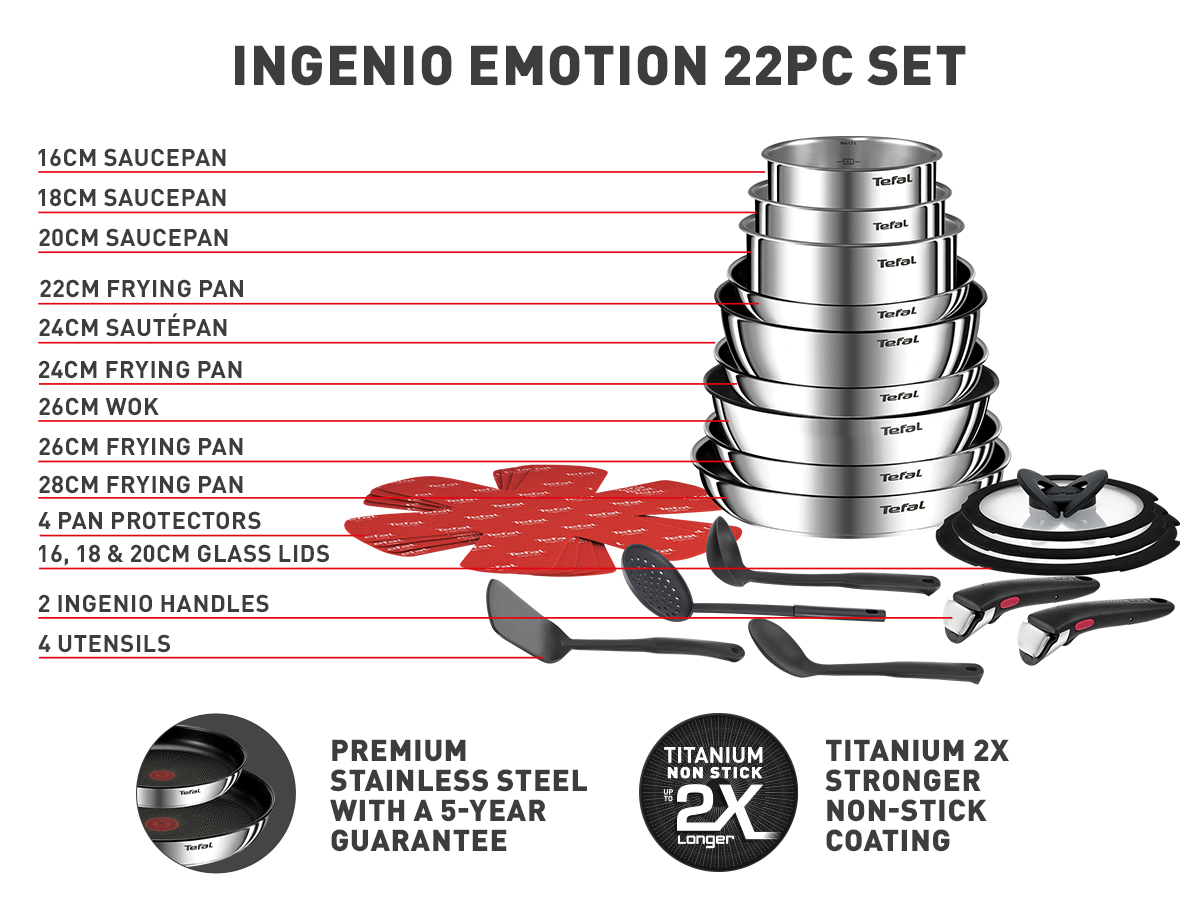 Tefal Ingenio Emotion Stainless Steel Pans, Lids & Utensils Set, 22 Piece